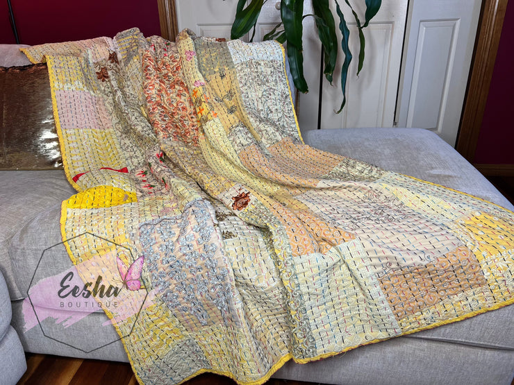 Kantha Stitch Vintage Silk Patchwork Throw - Yellow