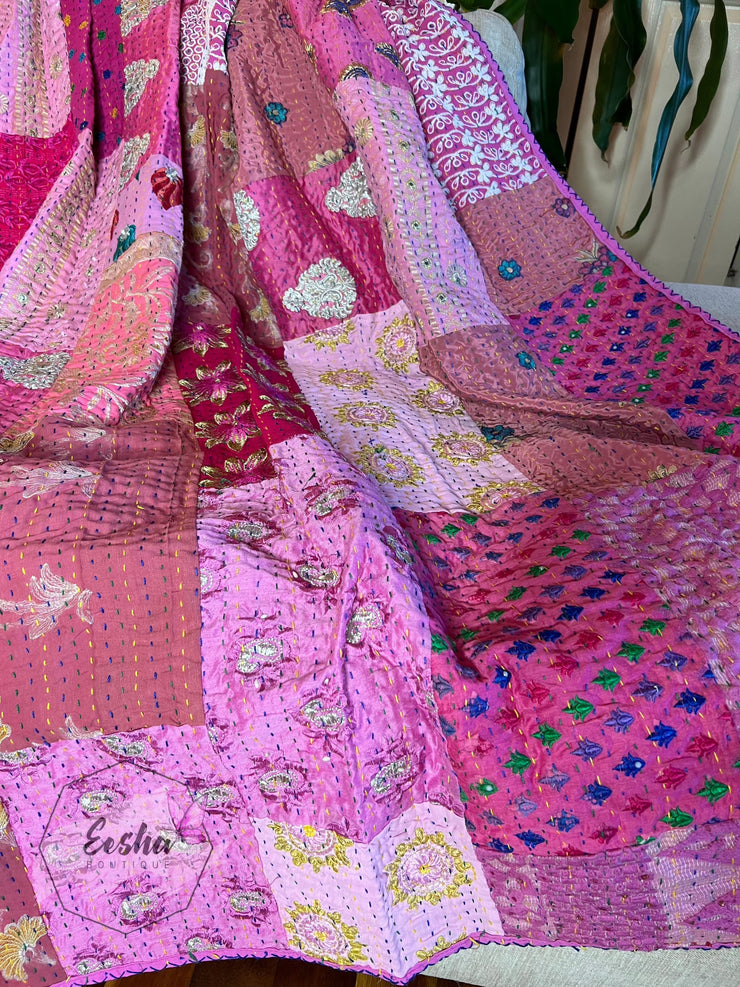 Vintage silk pink patchwork Kantha stitch throw
