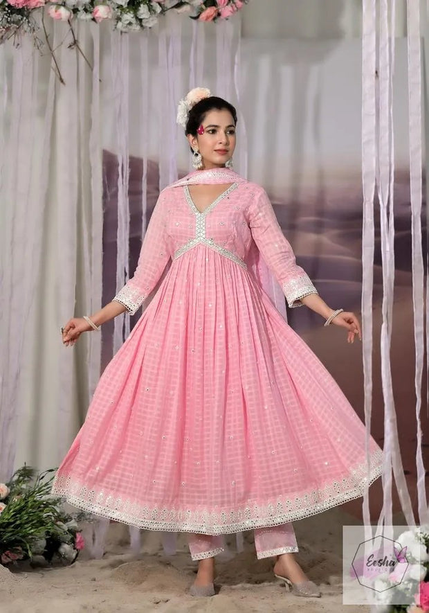 Baby Pink Aliya Cut Anarkali Mulmul Cotton Anarkali Long Dress Suit - Set of 3
