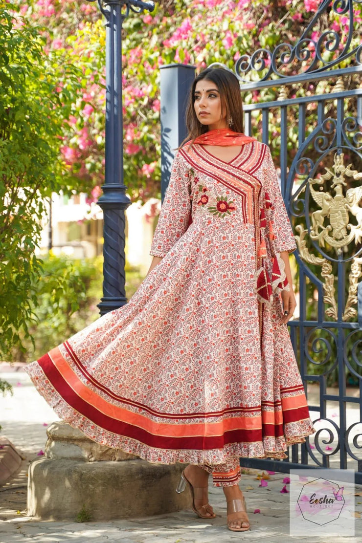 Orange and peach Angarkha Style Anarkali Suit - Set of 3