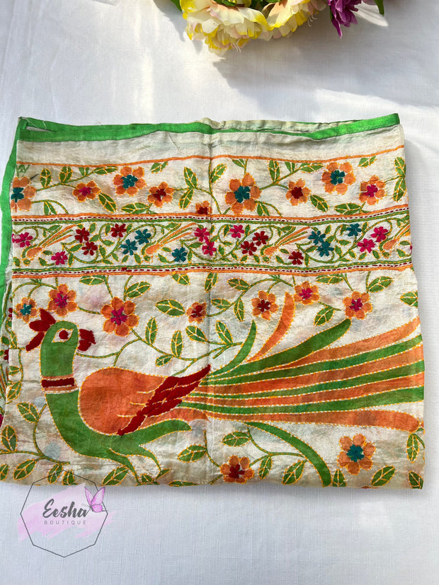 Green Peacock Chanderi Silk Kantha Hand Embroidered Shawl Dupatta