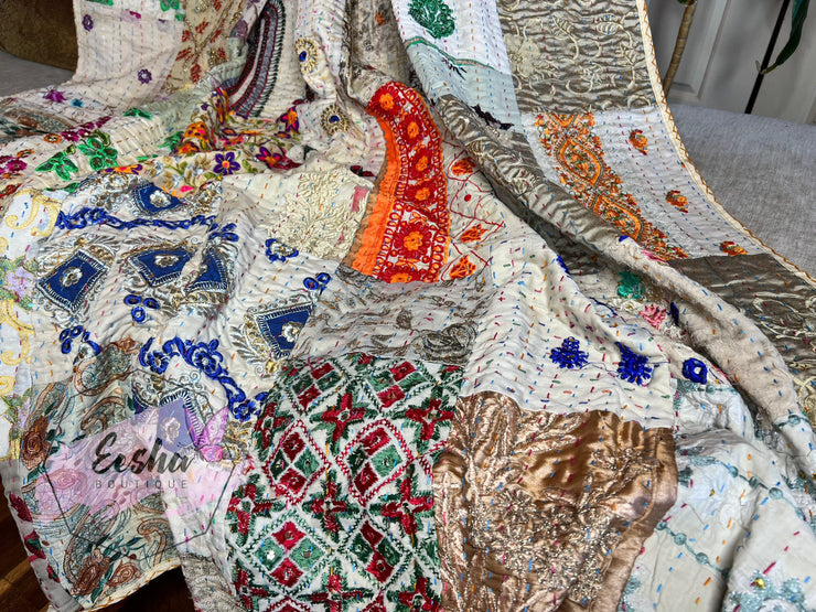 Kantha Stitch Vintage Silk Patchwork Throw
