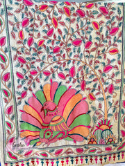 Peacock Chanderi Silk Kantha Hand Embroidered Shawl Dupatta