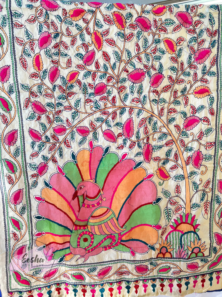 Peacock Chanderi Silk Kantha Hand Embroidered Shawl Dupatta