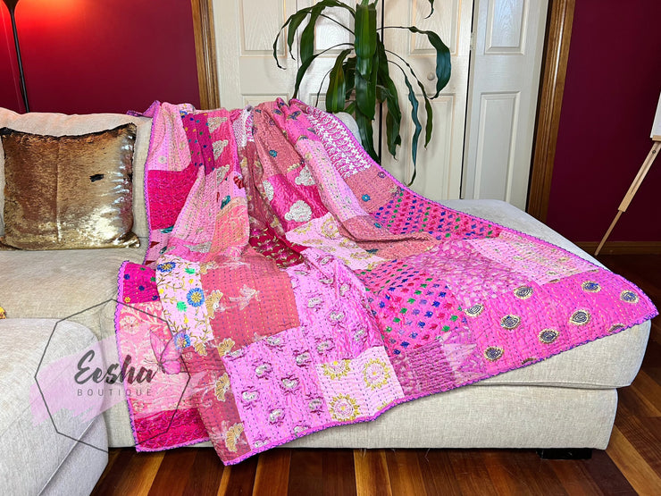 Vintage silk pink patchwork Kantha stitch throw