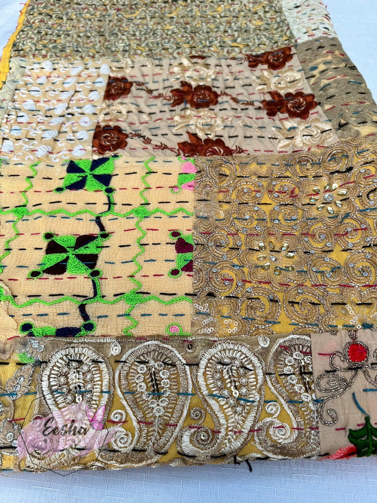 Kantha Stitch Vintage Silk Patchwork Throw - Yellow