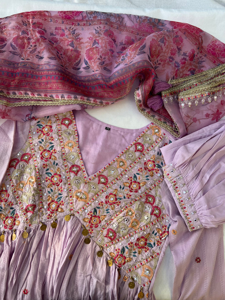 Aiyla Cut Cotton Mulmul Anarkali With Afghani Pant and Dupatta - Set of 3