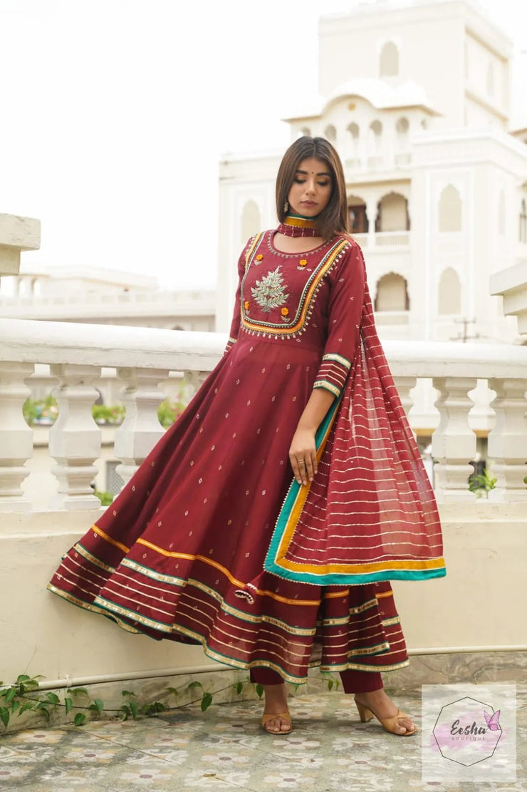 Chanderi Silk Maroon Anarkali Suit With Pant And Dupatta