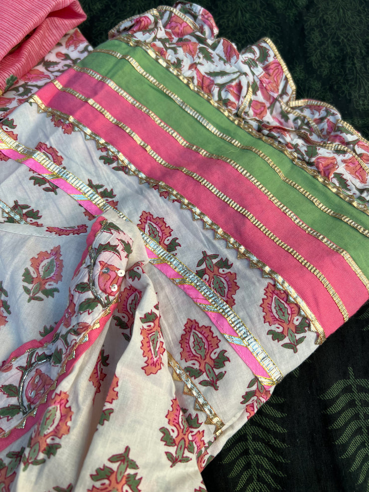 Baby Pink Pure Cotton Mulmul Anarkali Suit - Set of 3