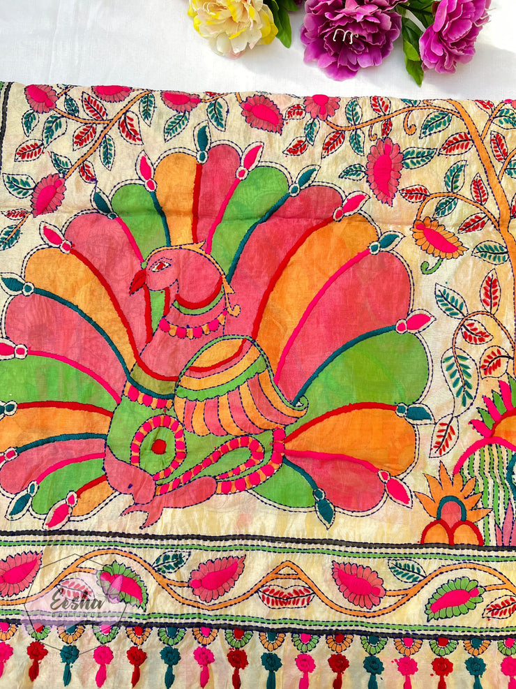 Peacock Chanderi Silk Kantha Hand Embroidered Shawl Dupatta