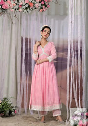 Baby Pink Aliya Cut Anarkali Mulmul Cotton Anarkali Long Dress Suit - Set of 3