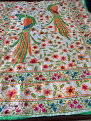 Green Peacock Chanderi Silk Kantha Hand Embroidered Shawl Dupatta