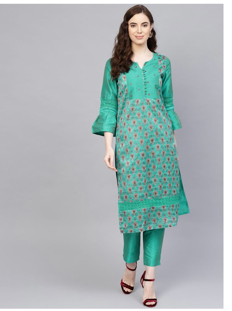 Green Embroidered Straight Chanderi Silk Kurta with Pants