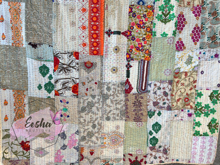 Kantha Stitch Vintage Silk Patchwork Throw