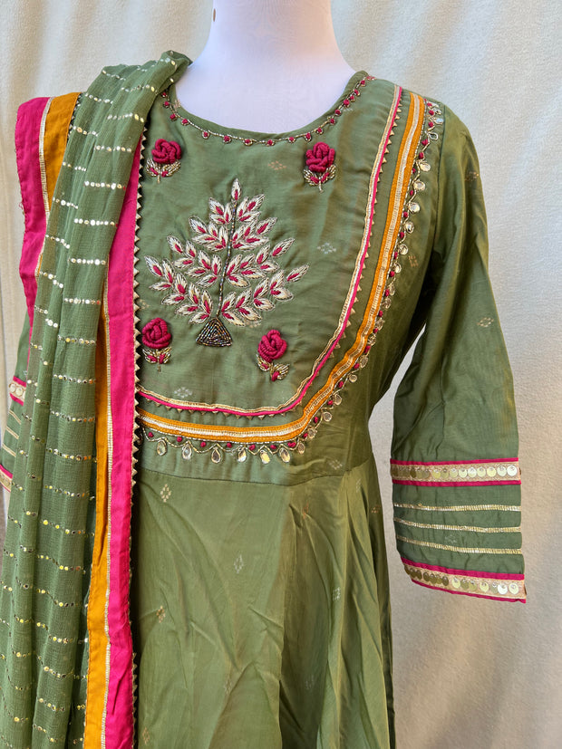 Chanderi Silk Green Anarkali Suit With Pant And Dupatta
