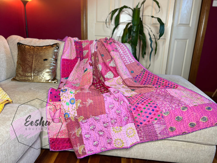 Vintage silk pink patchwork Kantha stitch throw