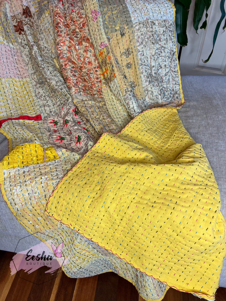 Kantha Stitch Vintage Silk Patchwork Throw - Yellow