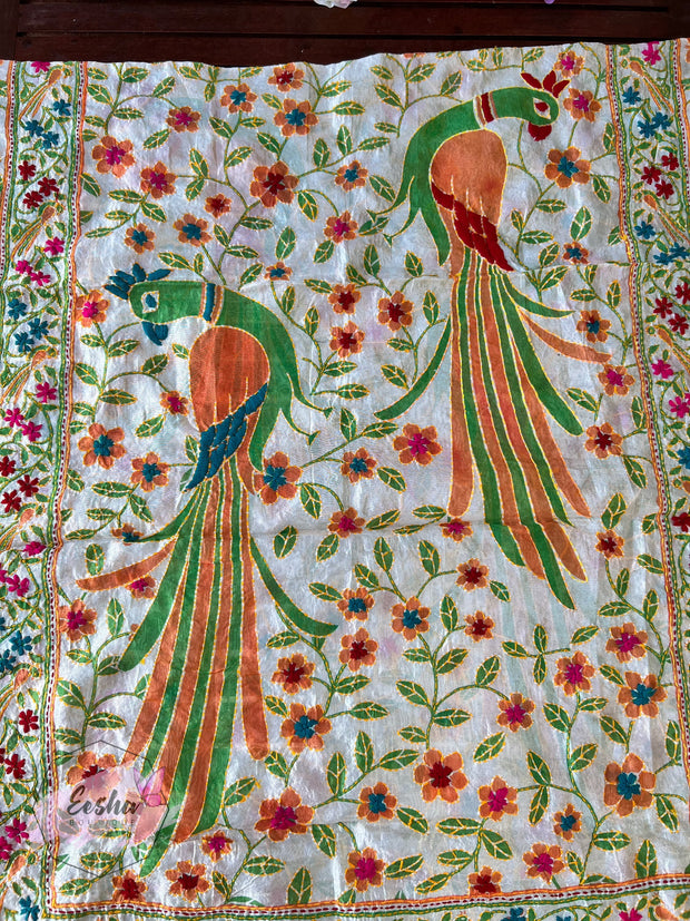 Green Peacock Chanderi Silk Kantha Hand Embroidered Shawl Dupatta