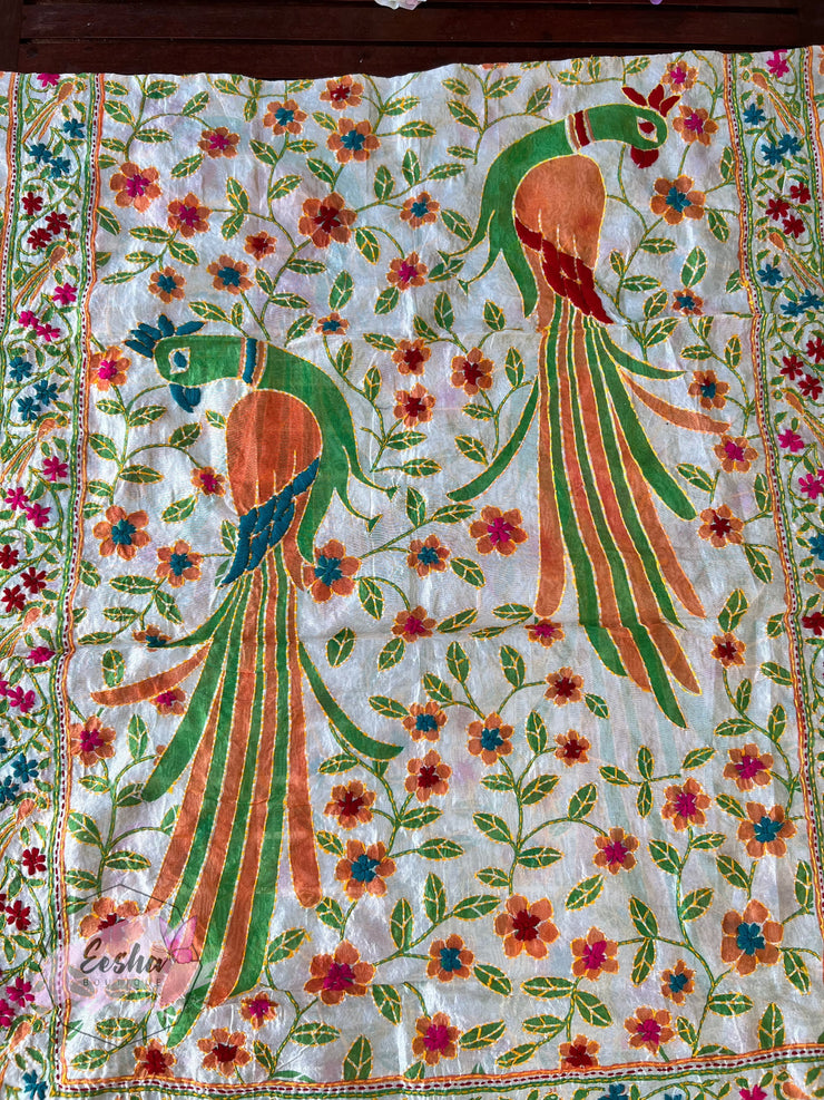 Green Peacock Chanderi Silk Kantha Hand Embroidered Shawl Dupatta
