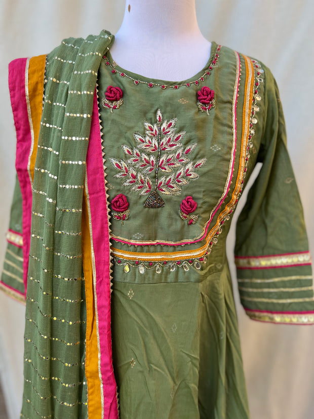 Chanderi Silk Green Anarkali Suit With Pant And Dupatta