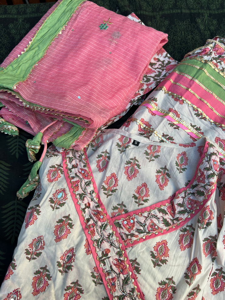 Baby Pink Pure Cotton Mulmul Anarkali Suit - Set of 3