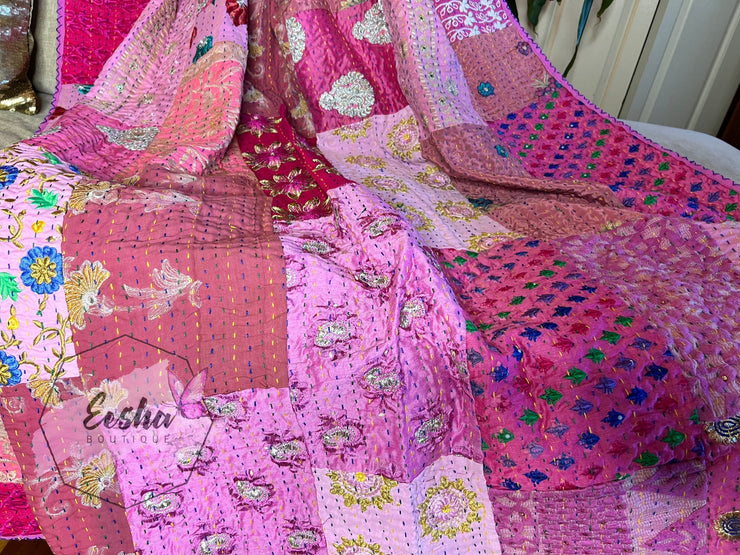 Vintage silk pink patchwork Kantha stitch throw