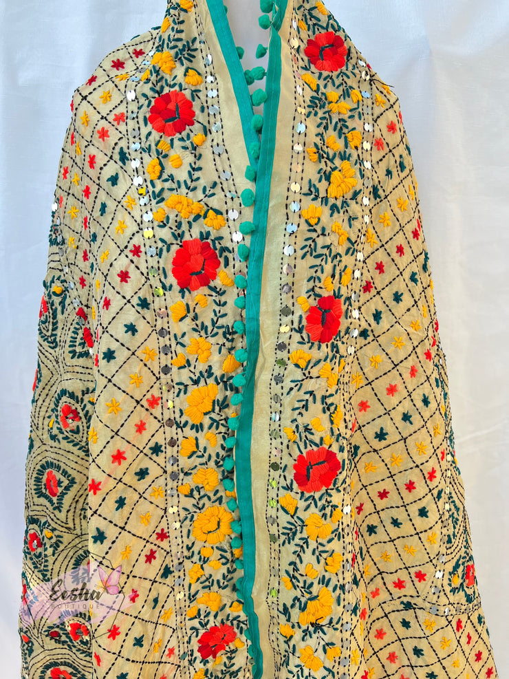 Chanderi Silk Phulkari Hand Embroidered Shawl Dupatta