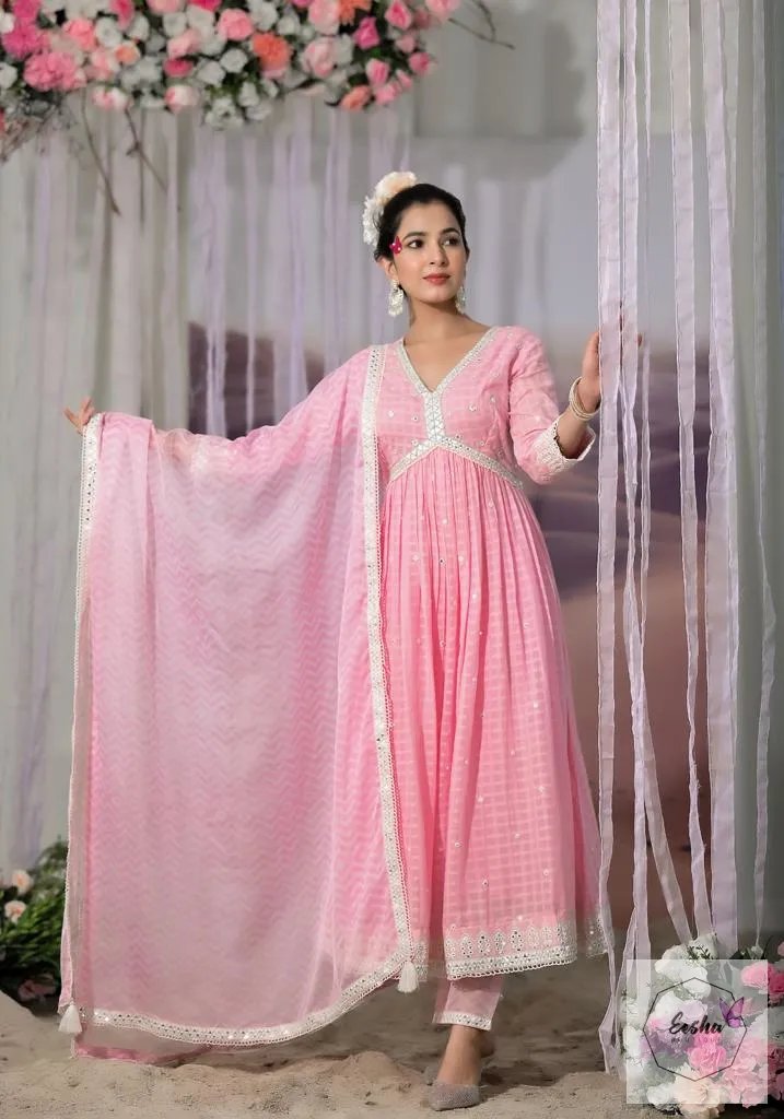 Baby Pink Aliya Cut Anarkali Mulmul Cotton Anarkali Long Dress Suit - Set of 3