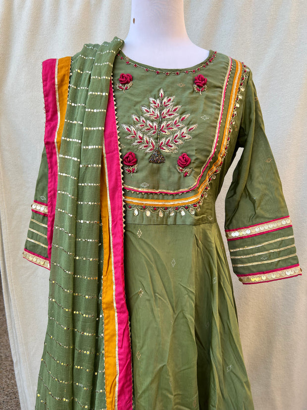 Chanderi Silk Green Anarkali Suit With Pant And Dupatta