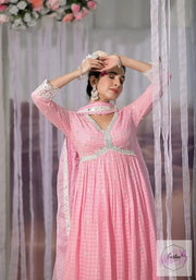 Baby Pink Aliya Cut Anarkali Mulmul Cotton Anarkali Long Dress Suit - Set of 3