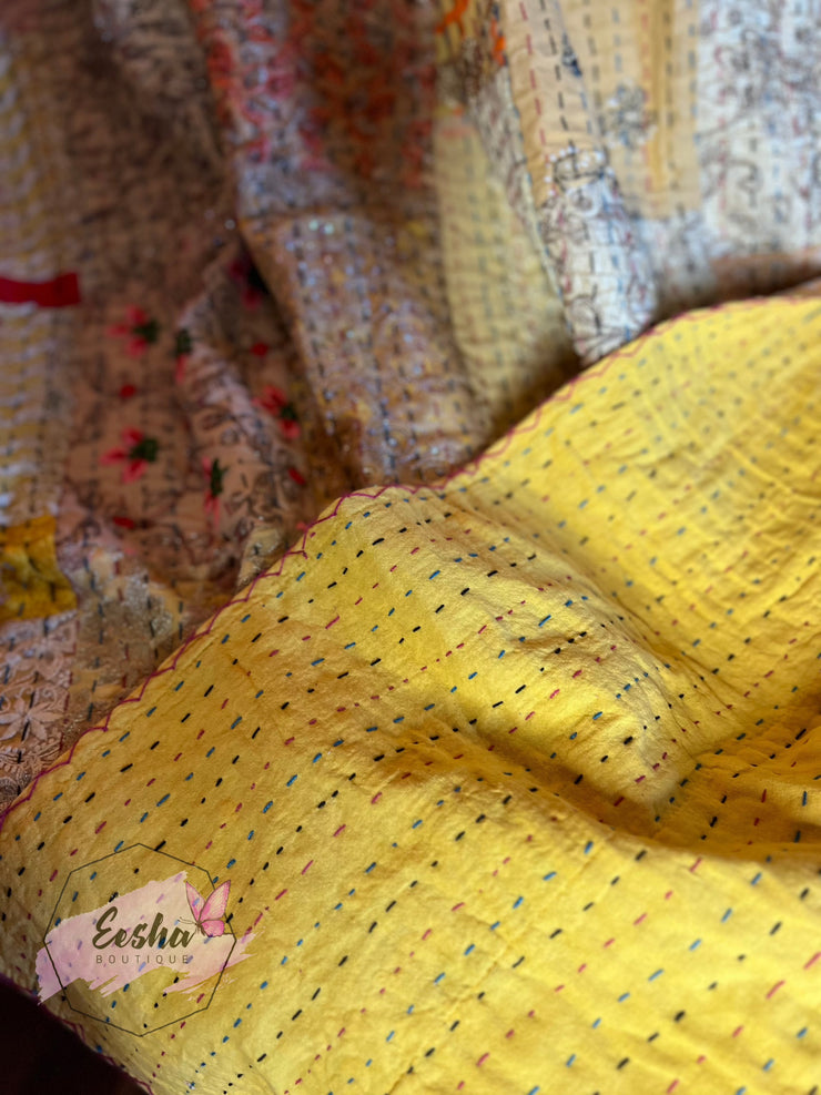 Kantha Stitch Vintage Silk Patchwork Throw - Yellow