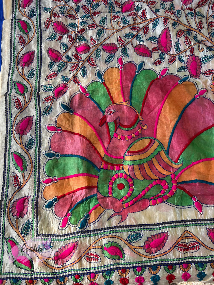 Peacock Chanderi Silk Kantha Hand Embroidered Shawl Dupatta