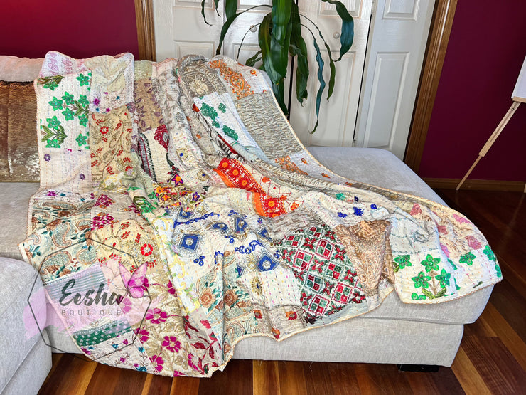 Kantha Stitch Vintage Silk Patchwork Throw