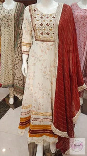 Off White Mulmul Cotton Floral Anarkali Long Dress Suit - Set of 3