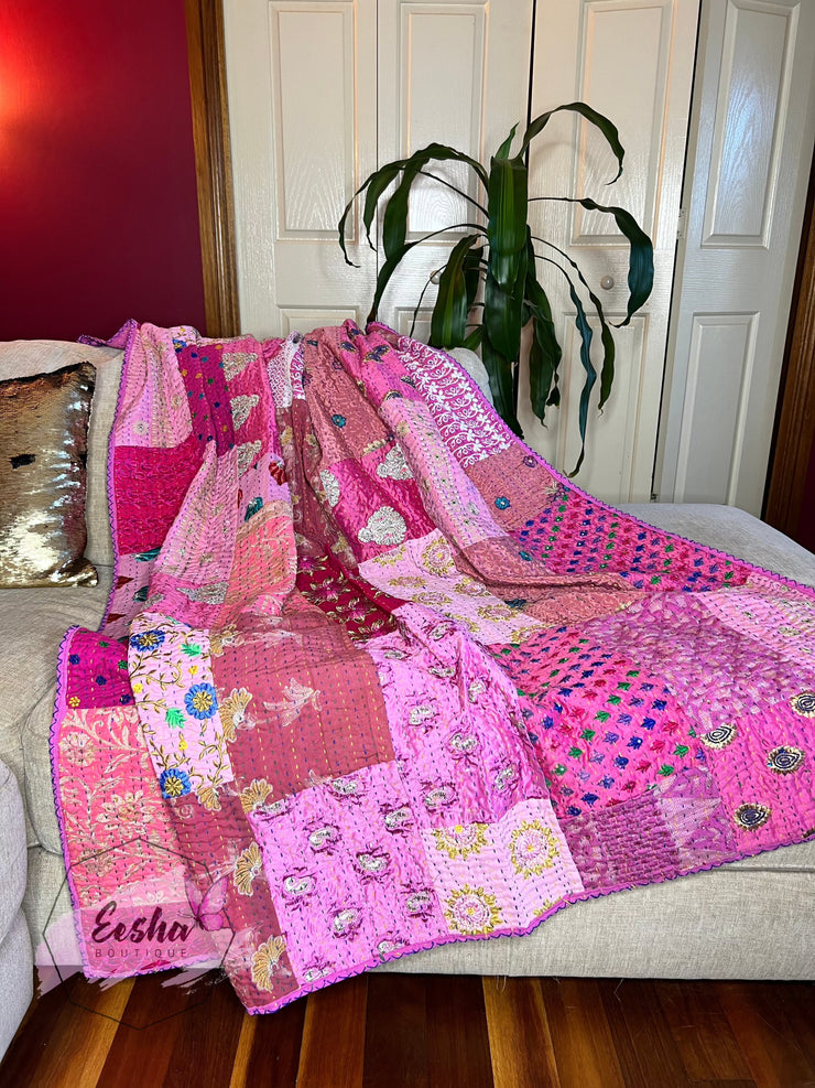 Vintage silk pink patchwork Kantha stitch throw