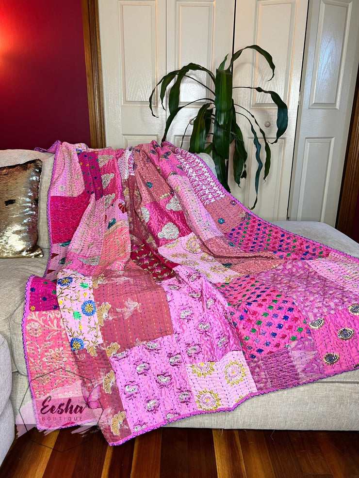 Vintage silk pink patchwork Kantha stitch throw