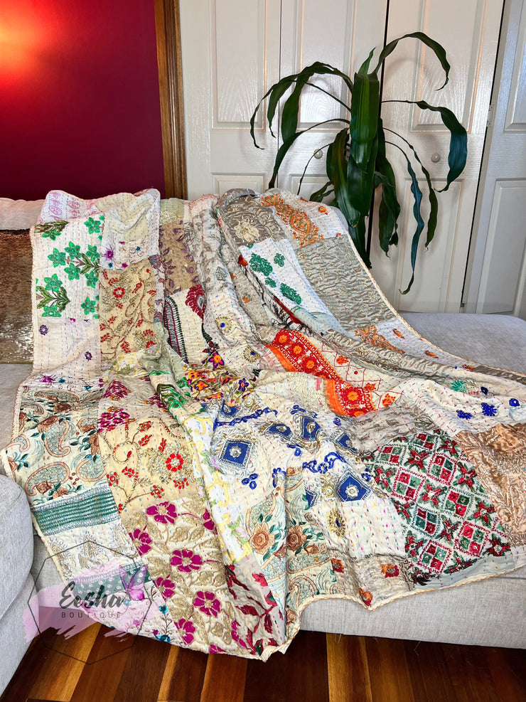Kantha Stitch Vintage Silk Patchwork Throw