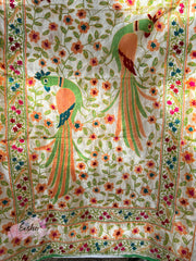 Green Peacock Chanderi Silk Kantha Hand Embroidered Shawl Dupatta