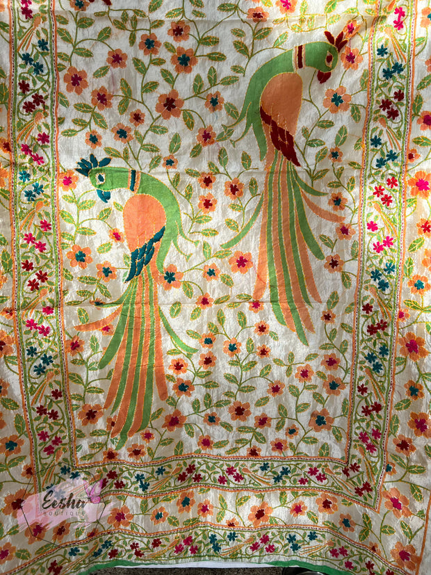 Green Peacock Chanderi Silk Kantha Hand Embroidered Shawl Dupatta