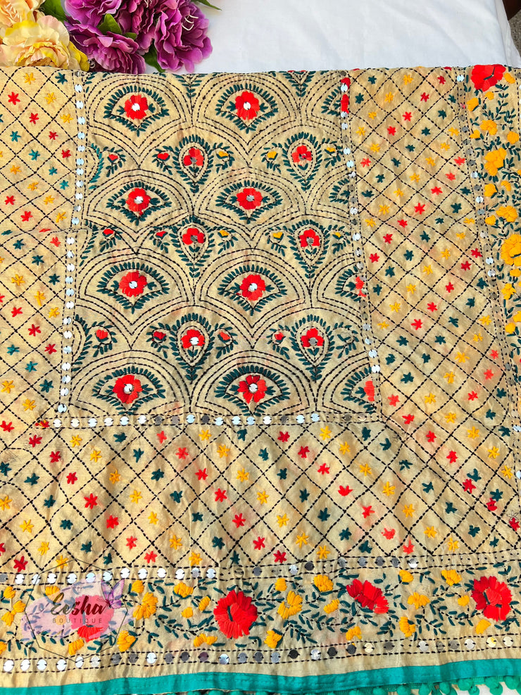 Chanderi Silk Phulkari Hand Embroidered Shawl Dupatta