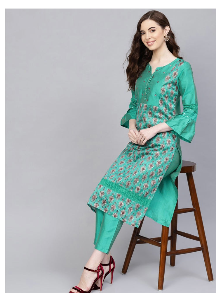Green Embroidered Straight Chanderi Silk Kurta with Pants