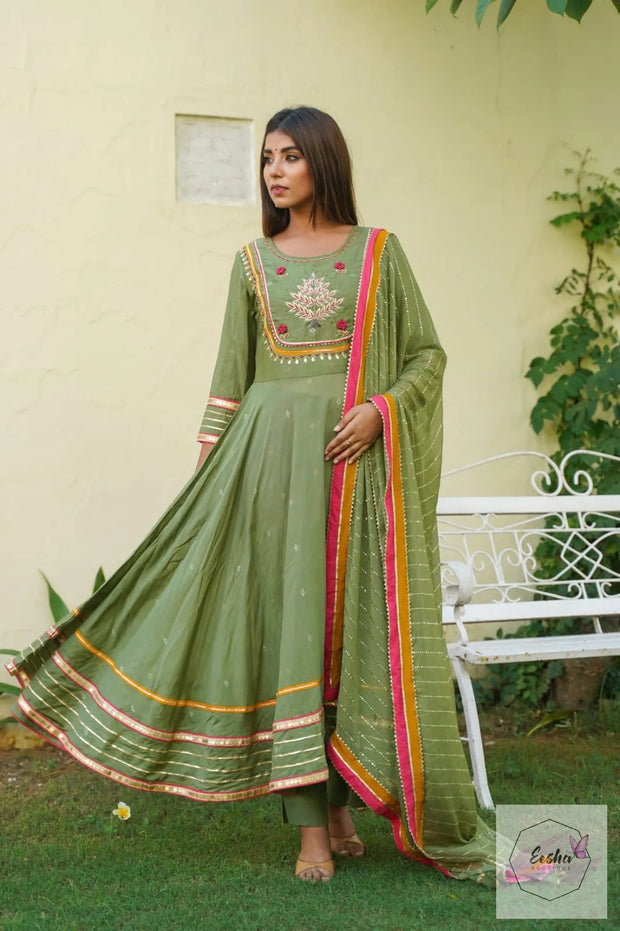 Chanderi Silk Green Anarkali Suit With Pant And Dupatta