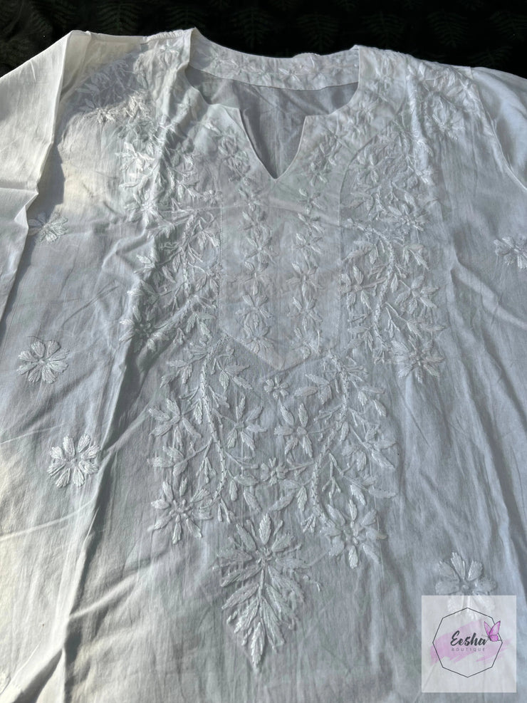 Ruhi - White Indian Cotton Tunic Top With Chikankari Hand Embroidery