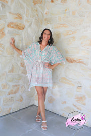 Short Kaftan - Turquoise Floral With Tussles