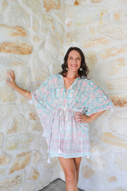 Short Kaftan - Turquoise Floral With Tussles