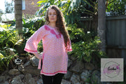Pink Bell Sleeves Hand Block Print Tunic Kurta with Chikankari Hand Embroidery