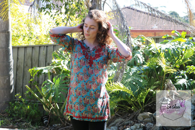 Bell Sleeves Hand Block Print Tunic Kurta with Chikankari Hand Embroidery