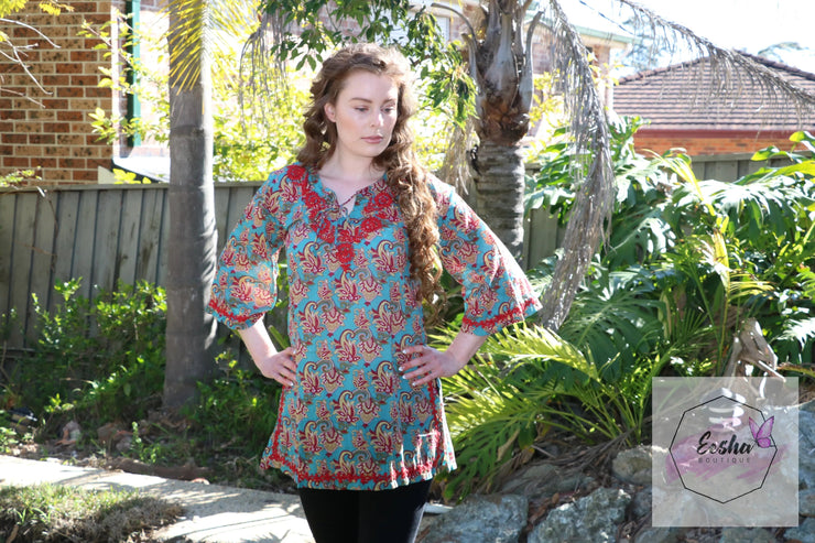 Bell Sleeves Hand Block Print Tunic Kurta with Chikankari Hand Embroidery