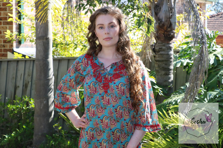 Bell Sleeves Hand Block Print Tunic Kurta with Chikankari Hand Embroidery