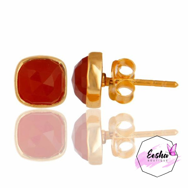 14K Yellow Gold Over 925 Sterling Silver Natural Red Onyx Studs Earrings Jewellery